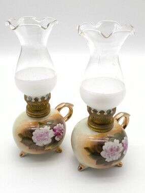 Floral Porcelain Mini Oil Lamp Pair - Gold & Pink